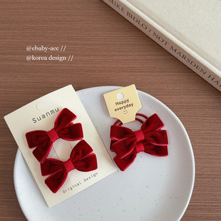 韩版复古丝绒蝴蝶结发夹女可爱公主头饰双马尾发卡红色新年头绳