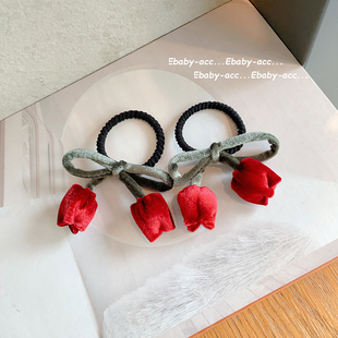 儿童丝绒蝴蝶结发饰郁金香头绳公主皮筋韩版 少女发圈扎马尾头绳