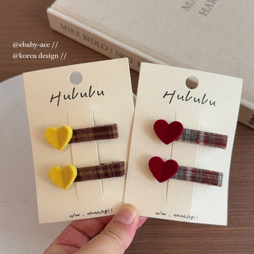 韩版复古格纹植绒爱心发夹