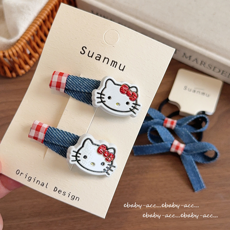 韩版牛仔蝴蝶结发圈扎马尾头绳儿童侧边刘海BB夹猫咪发夹对装头绳