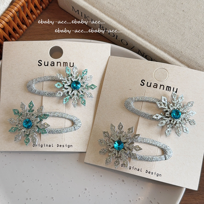 儿童双层艾莎蓝色雪花侧边碎发BB夹水钻闪闪发夹刘海夹甜美发卡