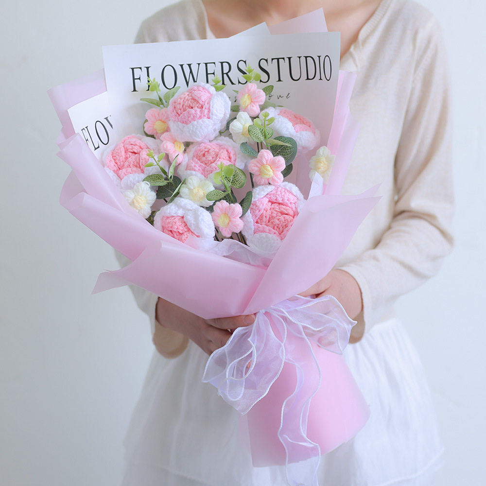成品针织毛线花编织玫瑰情人节母亲节生日礼物女生大束跨境批发
