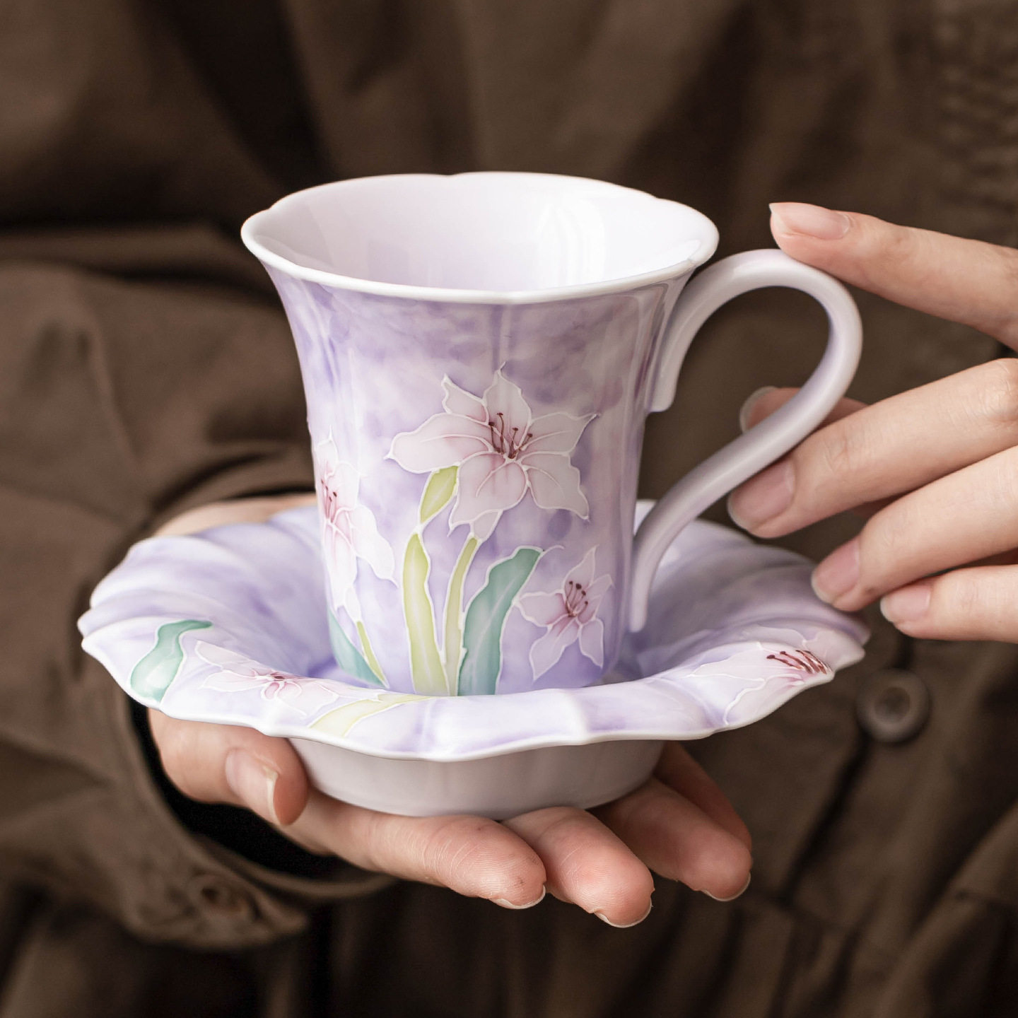极素手绘紫百合咖啡杯浓缩茶咖杯精致下午茶杯子陶瓷杯碟意式欧式