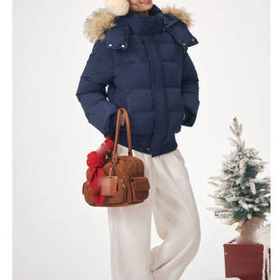 新款连帽毛领藏青色羽绒服女白鸭绒小个子复古设计感加厚外套