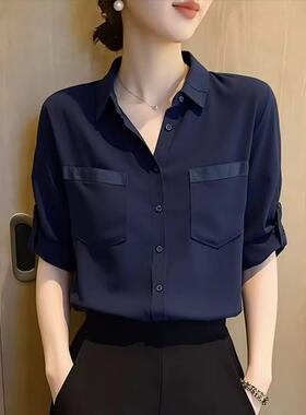 蓝色翻领衬衫女士2026夏季新款时尚减龄宽松显瘦设计感通勤风上衣