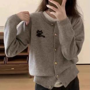 女春秋超好看慵懒风软糯上衣宽松显瘦毛衣外套 灰色浣熊绒针织开衫