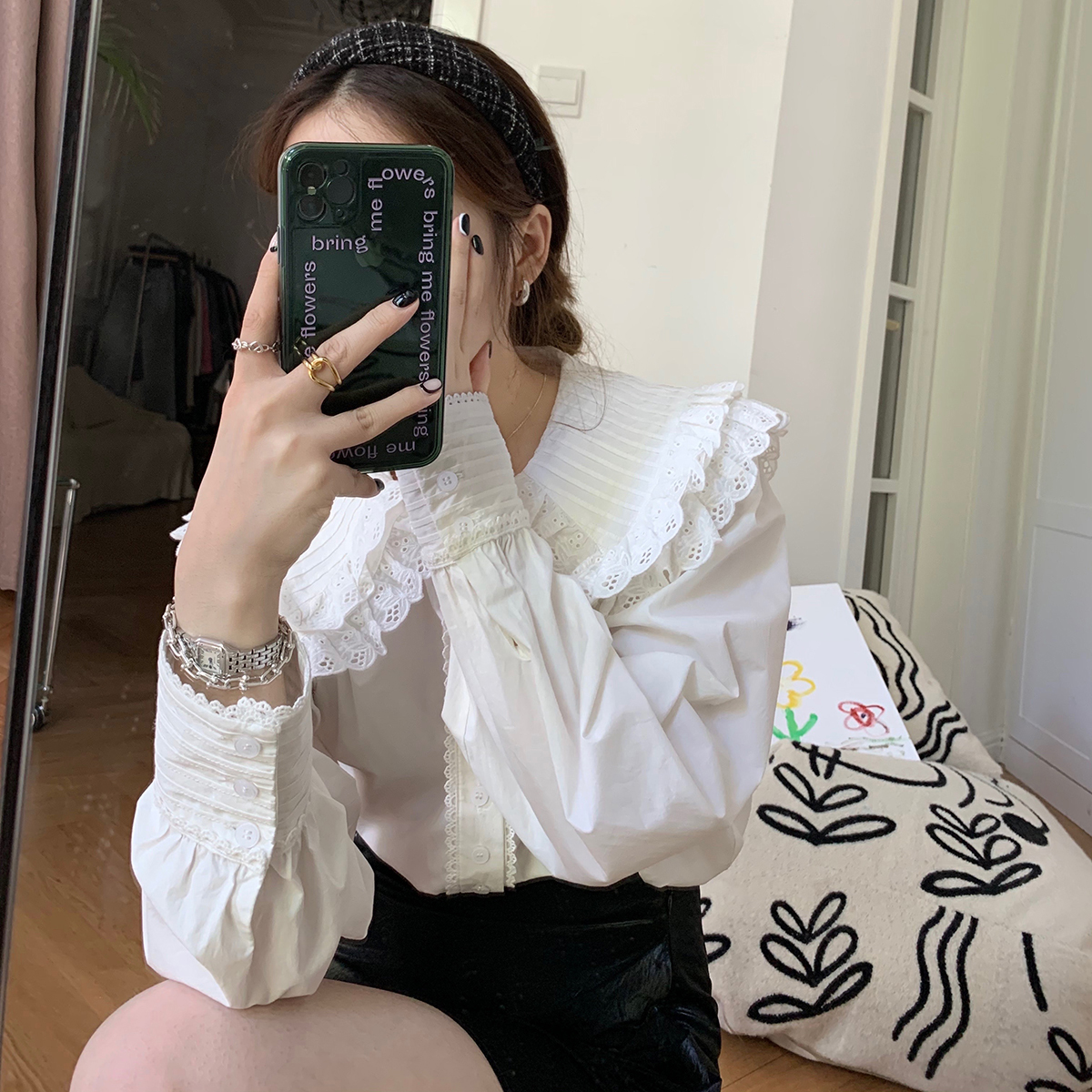 法式甜美白色娃娃领衬衫女