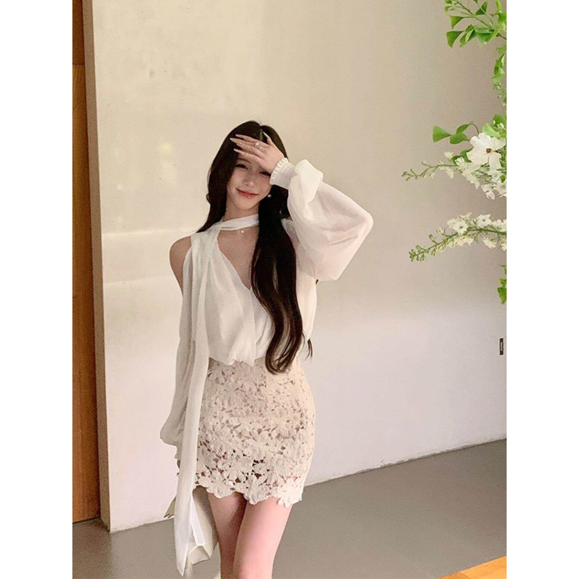 性感纯欲套装女夏季巨好看白色雪纺衬衫蕾丝包臀半身短裙子两件套