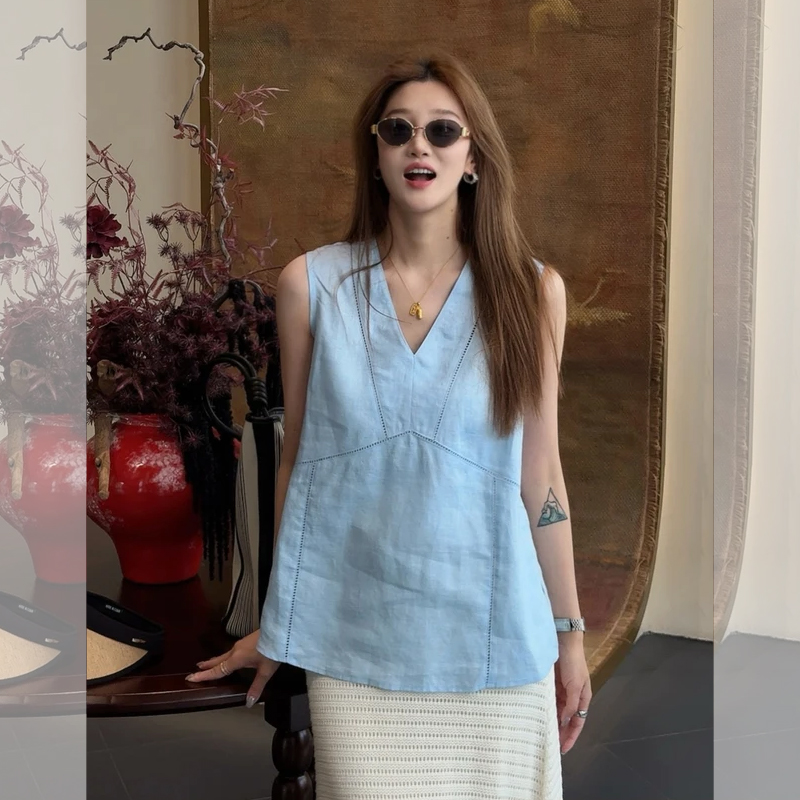 韩系蓝色亚麻无袖背心衬衫