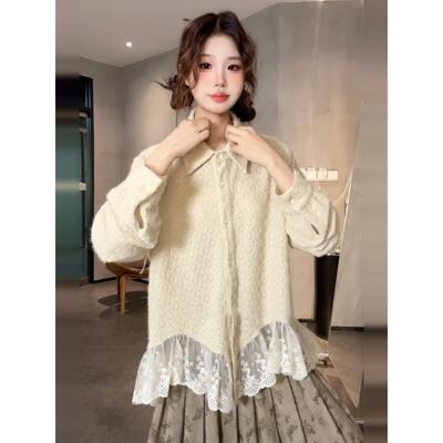 蕾丝拼接不规则长袖衬衫
