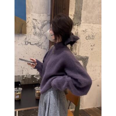 韩系紫色浣熊绒高领毛衣