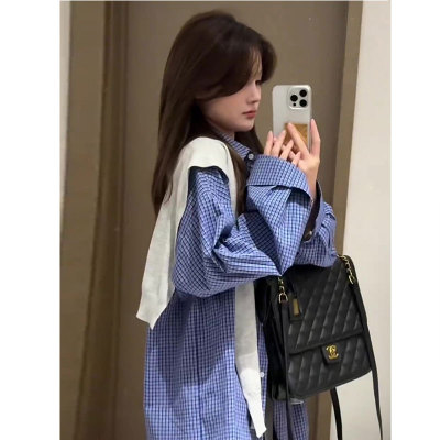 韩系穿搭蓝色格子衬衣
