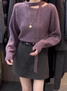 法式气质飘带圆领长袖针织衫女秋冬季宽松显瘦高级感慵懒软糯毛衣