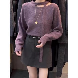 女秋冬季 针织衫 宽松显瘦高级感慵懒软糯毛衣 气质飘带圆领长袖 法式