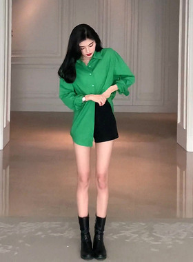 港风chic外穿中长款绿色衬衫女春秋新款复古洋气百搭长袖衬衣上衣