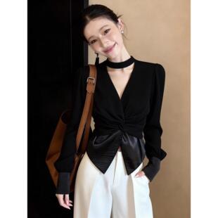 新款 女2026早春v领收腰开衫 潮流时尚 黑色衬衫 百搭洋气时髦款 韩版