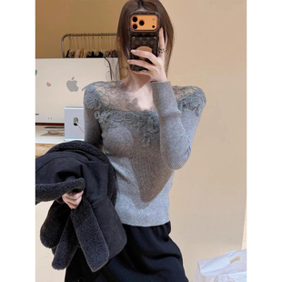 法式新贵风精致蕾丝灰色针织衫打底女秋冬修身巨好看毛衣内搭上衣