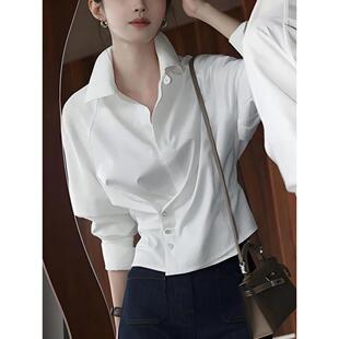 法式不规则长袖斜扣衬衫女早春秋2026新款显瘦上衣收腰高级感衬衣
