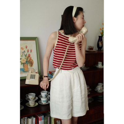 新款一字领条纹亚麻吊带背心