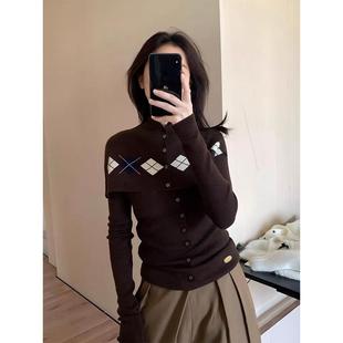 韩系棕色披肩叠穿两件套内搭针织上衣女秋冬小个子菱格打底衫毛衣
