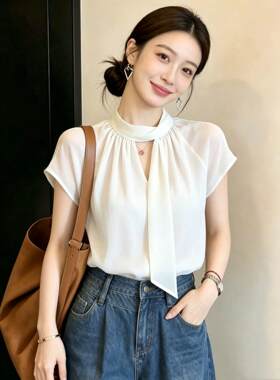 法式飘带领短袖衬衫女