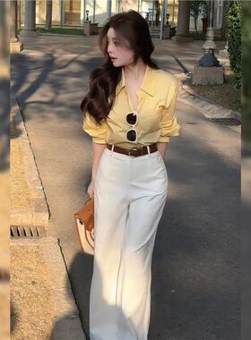 春季2026超火韩系黄色翻领衬衫白色阔腿裤超好看独特漂亮两件套装