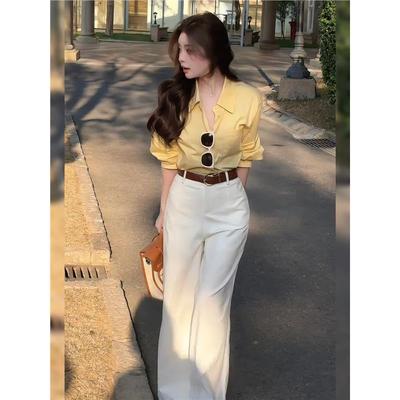 翻领衬衫白色阔腿裤两件套