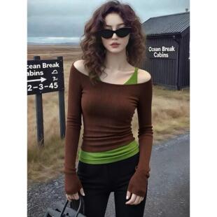 纯欲风撞色挂脖背心叠穿针织衫两件套女秋季新款独特超好看上衣潮