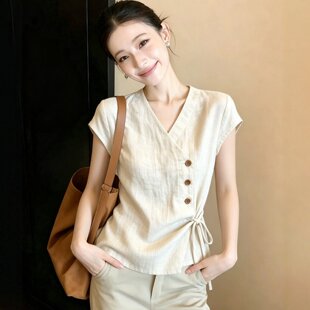 通勤穿搭绑带V领短袖衬衫女款2026新款夏季独特超好看小飞袖上衣