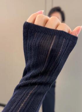 简约气质藏蓝色圆领镂空针织打底衫女秋冬高智感修身保暖内搭毛衣