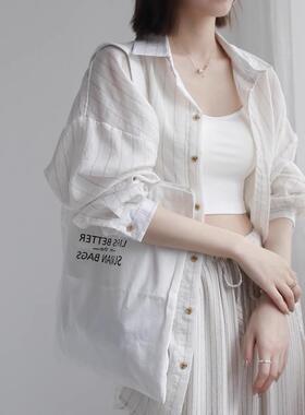 2026春夏宽松薄款防晒衣条纹棉麻长袖衬衫女设计感小众外穿上衣潮