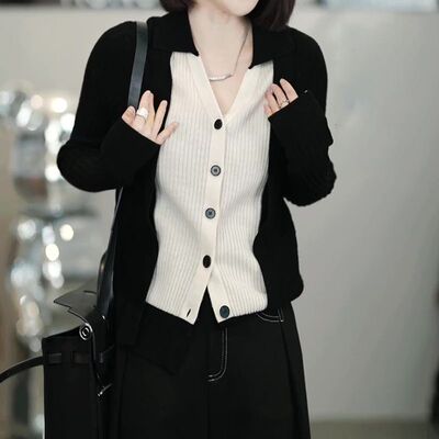 撞色拼接v领针织开衫女