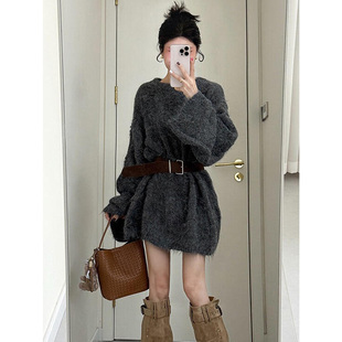 上衣 高级感加厚宽松针织衫 慵懒老钱风灰色软糯中长款 毛衣女秋冬季
