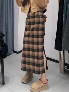 高腰格子毛呢半身裙女2025秋冬新款韩系复古宽松中长款显瘦A字裙