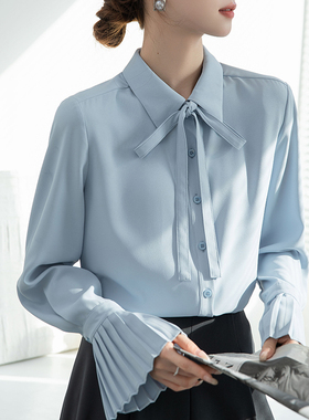 秋冬新款风琴袖蓝色衬衫法式领带蝴蝶结职业正装内搭长袖飘带上衣