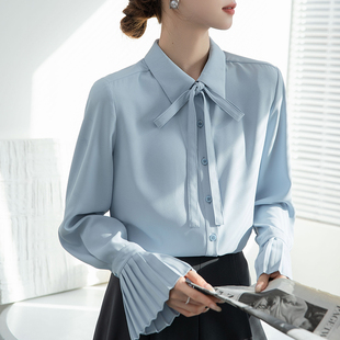 风琴袖 内搭长袖 蓝色衬衫 领带蝴蝶结职业正装 飘带上衣 法式 秋冬新款
