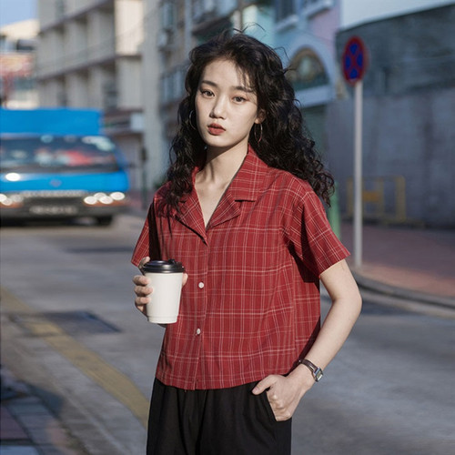 v领设计感小众法式复古格子衬衫