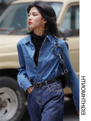 美式经典牛仔衬衫女早秋上衣设计感小众长袖港味复古法式蓝色衬衣