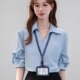 通勤面试职业正装 法式 工作服衬衣 女夏季 2025新款 V领短袖 蓝色衬衫