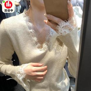 法式 绝美上衣高级感针织内搭毛衣 气质蕾丝v领打底衫 女秋冬喇叭袖