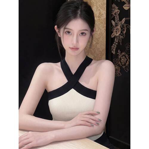 韩系白色挂脖吊带背心