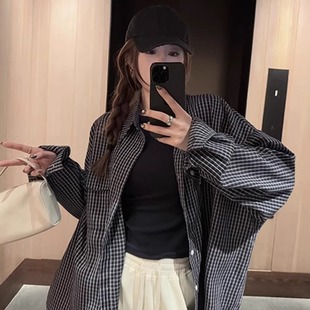 蓝调时刻复古格子防晒衬衫 上衣 外套女韩系早秋宽松慵懒风衬衣长袖