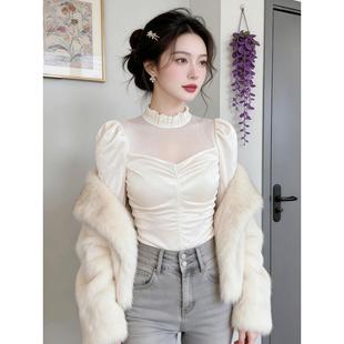 网纱丝绒短款轻奢气质衬衫上衣2026年春季新款巨好看小衫衬衣女装