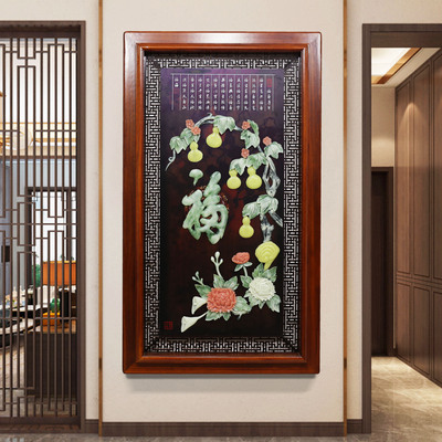 中式入户玄关装饰画竖版正对门走廊过道玉雕画3d立体客厅挂画新款