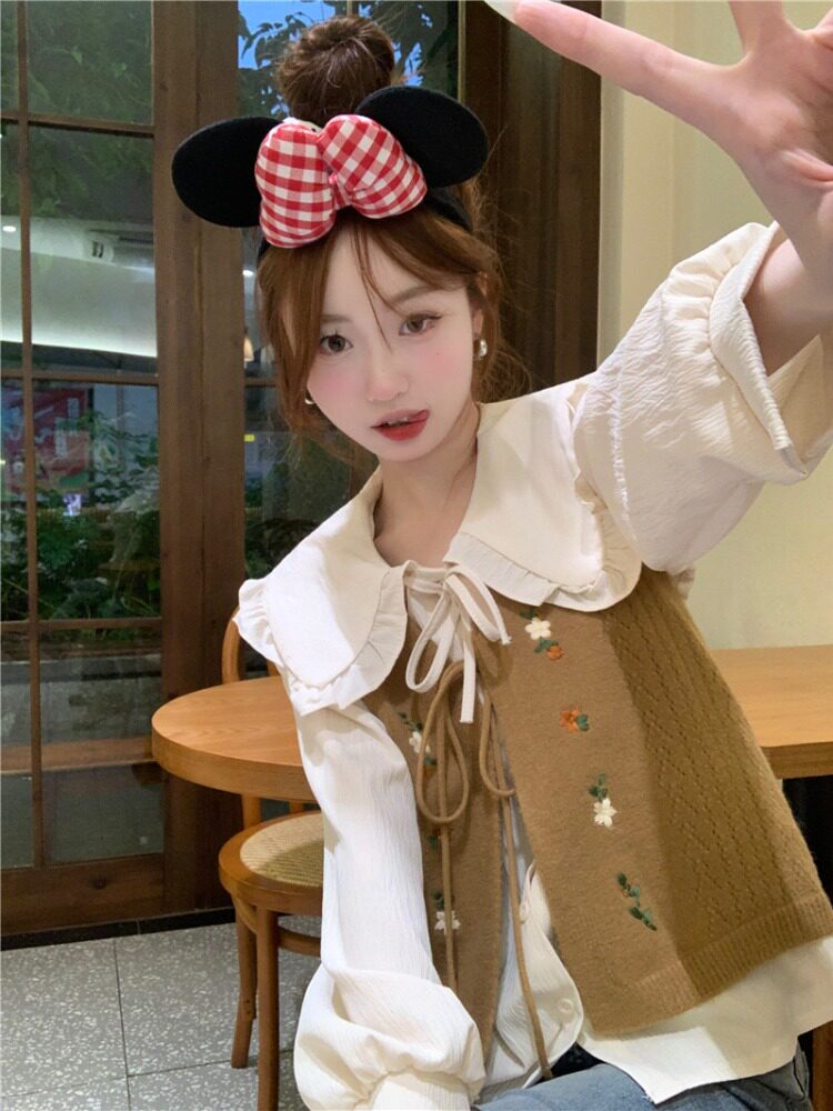 올해 인기 정장 여성 신작 인형 탑 2023 가을 니트 스웨터 조끼 패션 투피스 세트