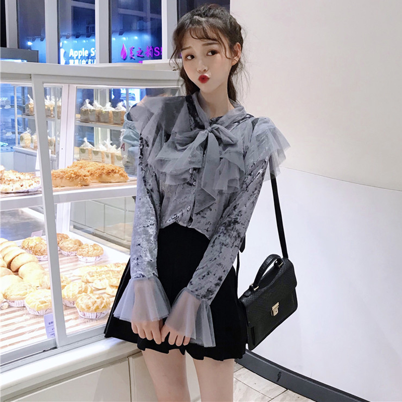 网红秋冬2018新款甜美系带蝴蝶结蕾丝打底衫学生长袖上衣女装冬季