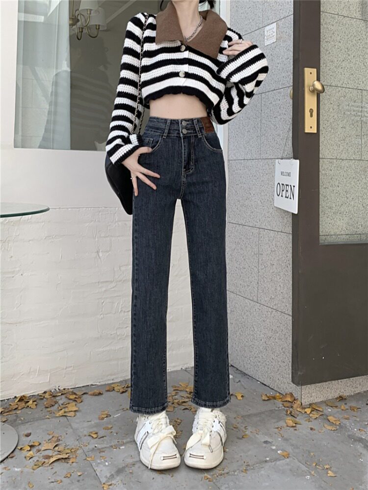 SUMMER 2024 NEW HIGH-WAISTED SLIM SMALL STRAIGHT CROPPED PANTS WOMENS LOOSE DENIM PIPE PANTS SPRING AND AUTUMN