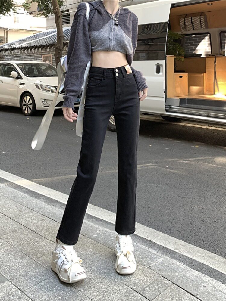 SUMMER 2024 NEW HIGH-WAISTED SLIM SMALL STRAIGHT CROPPED PANTS WOMENS LOOSE DENIM PIPE PANTS SPRING AND AUTUMN