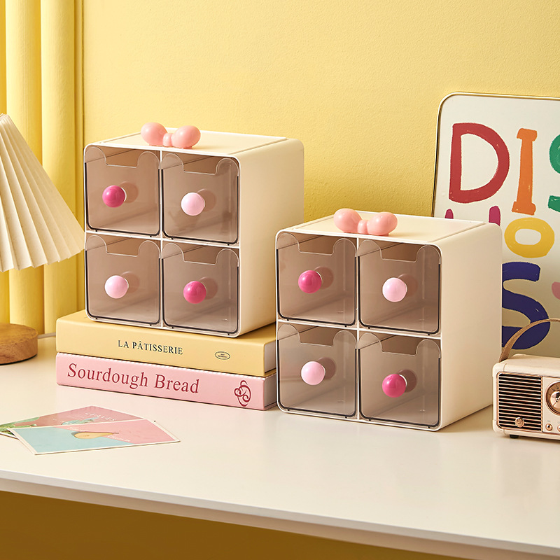 可爱桌面收纳盒多巴胺创意抽屉式置物架四分格宿舍书桌透明整理盒