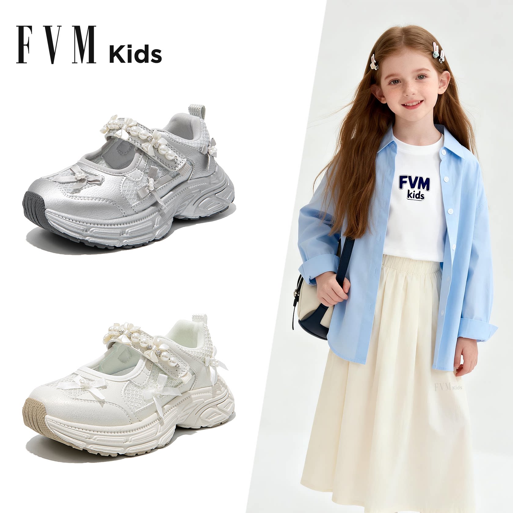 FVM女童鞋子儿童老爹运动网鞋2026新款春季春款大童网面透气银色